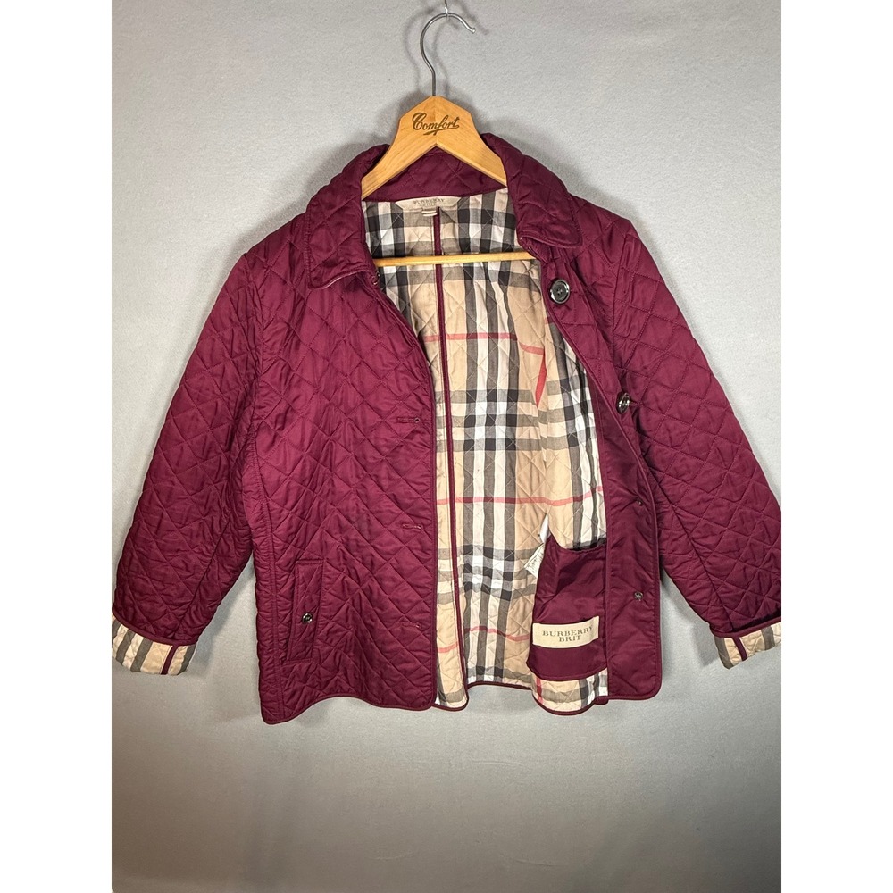 Burberry Brit Burgundy Quilted Nova Check Jacket Womens XL Diamond Quilt Coat